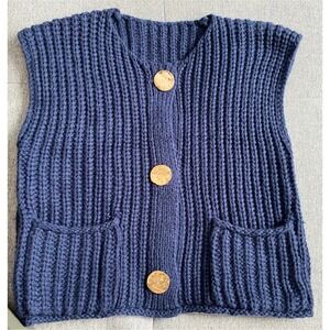 BIG BRONZE BUTTONS NAVY SUPER THICK KNIT VEST, 8,  CHUNKY SWEATER, CLASSIC STYLE